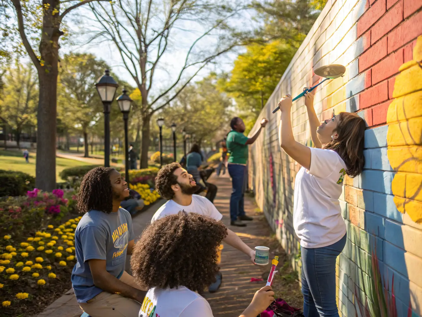 A collaborative scene showing ANGO REGGAE members and artists working together on a community project, possibly painting a mural or setting up for an event, highlighting the spirit of collaboration.