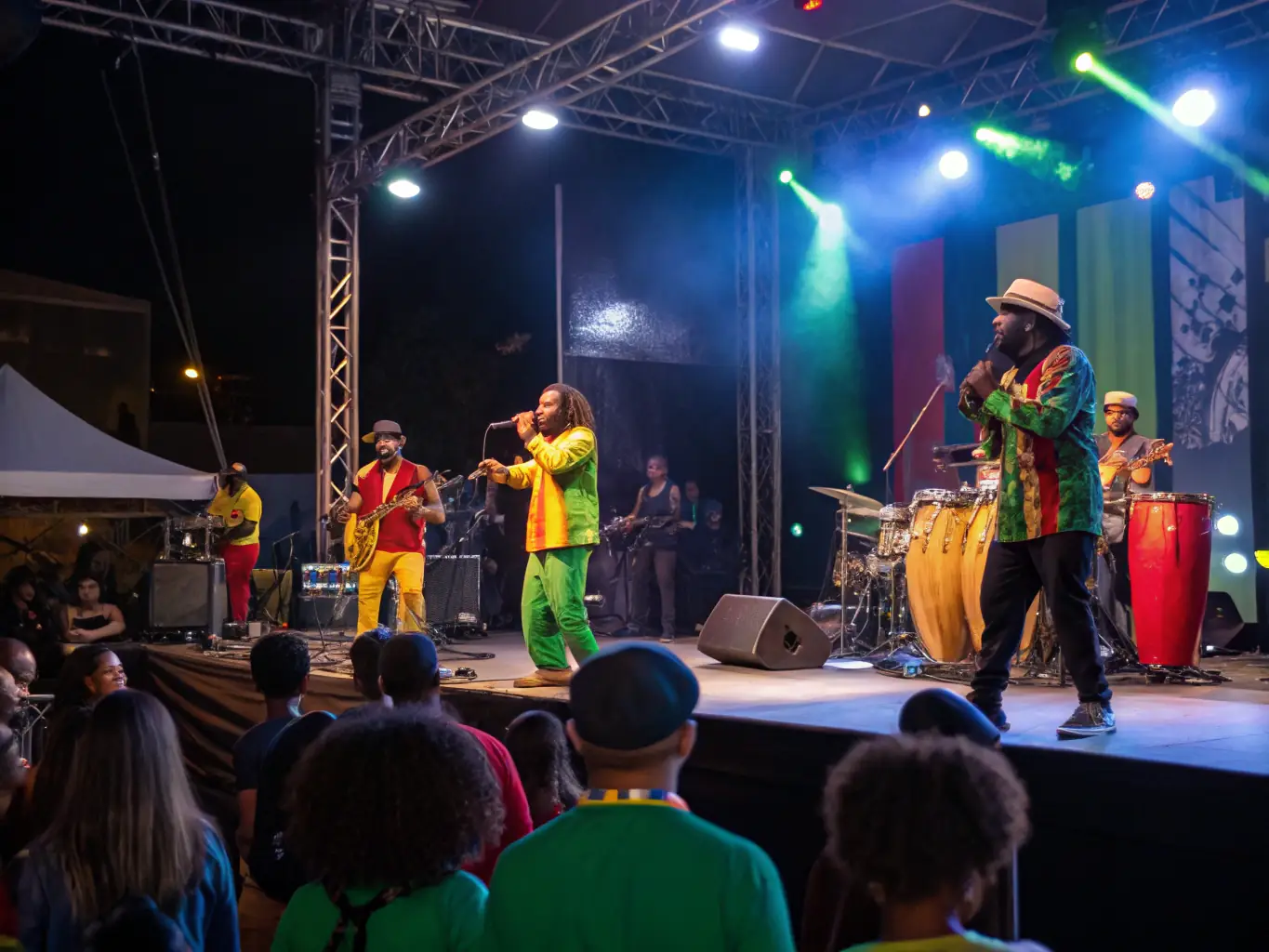 A vibrant image of a live reggae performance at an ANGO REGGAE event, showcasing the energy and community spirit.