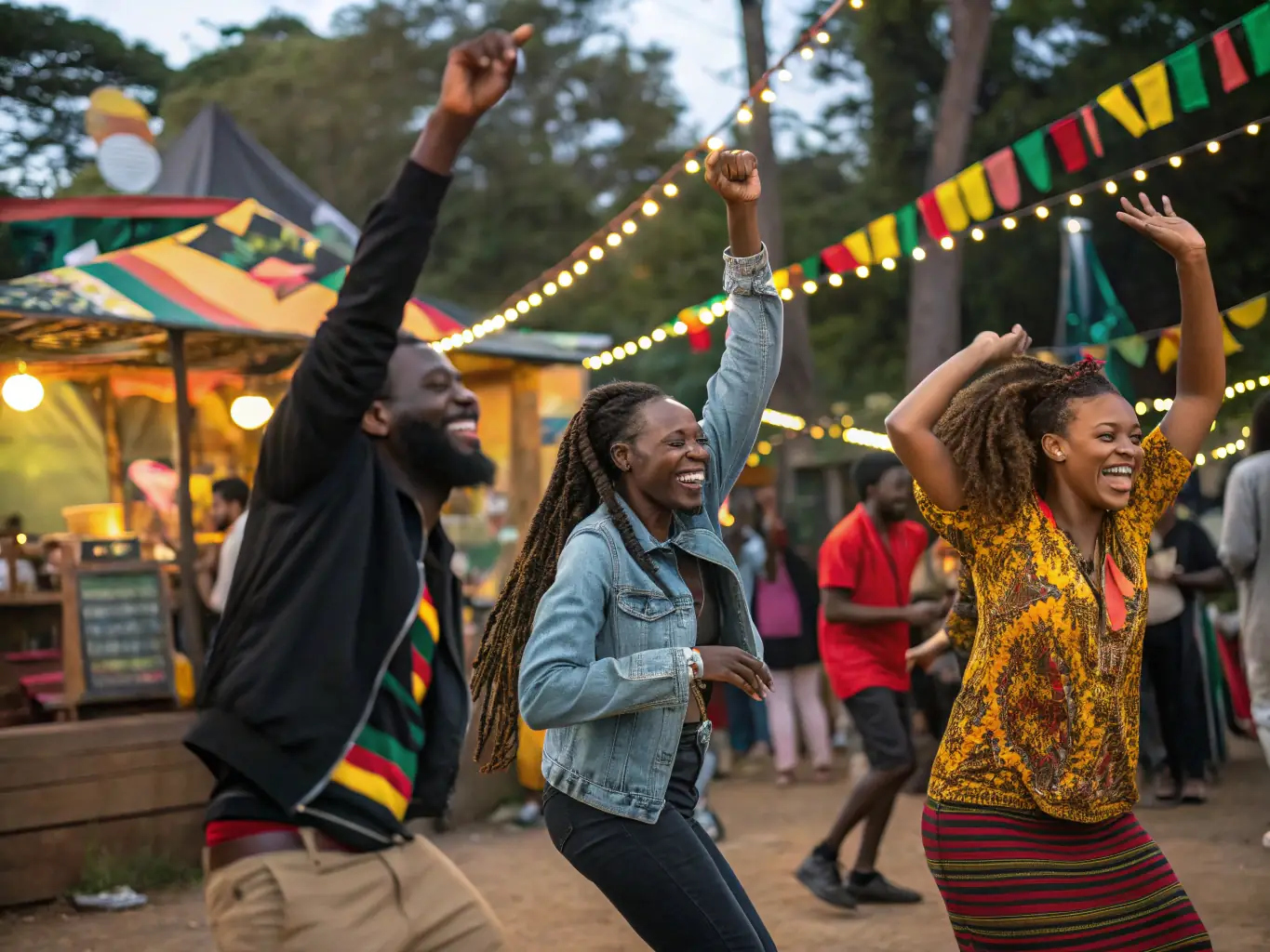 A vibrant reggae concert scene with diverse artists performing on stage, showcasing the energy and community fostered by ANGO REGGAE events.