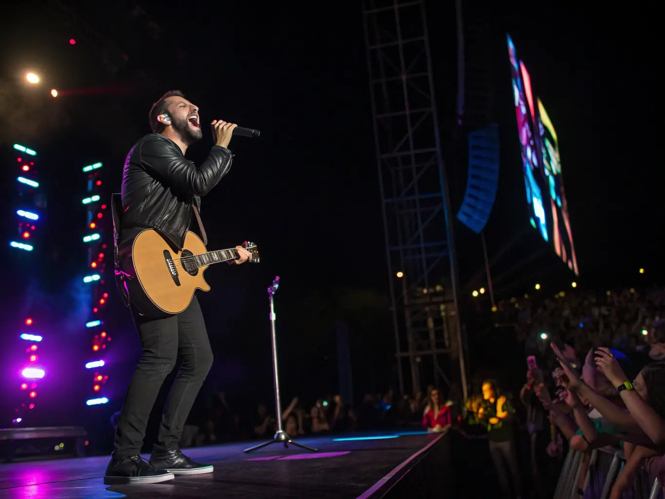 A vibrant image of a reggae artist performing live on stage at an ANGO REGGAE event, bathed in colorful stage lights, capturing the energy and passion of the performance.