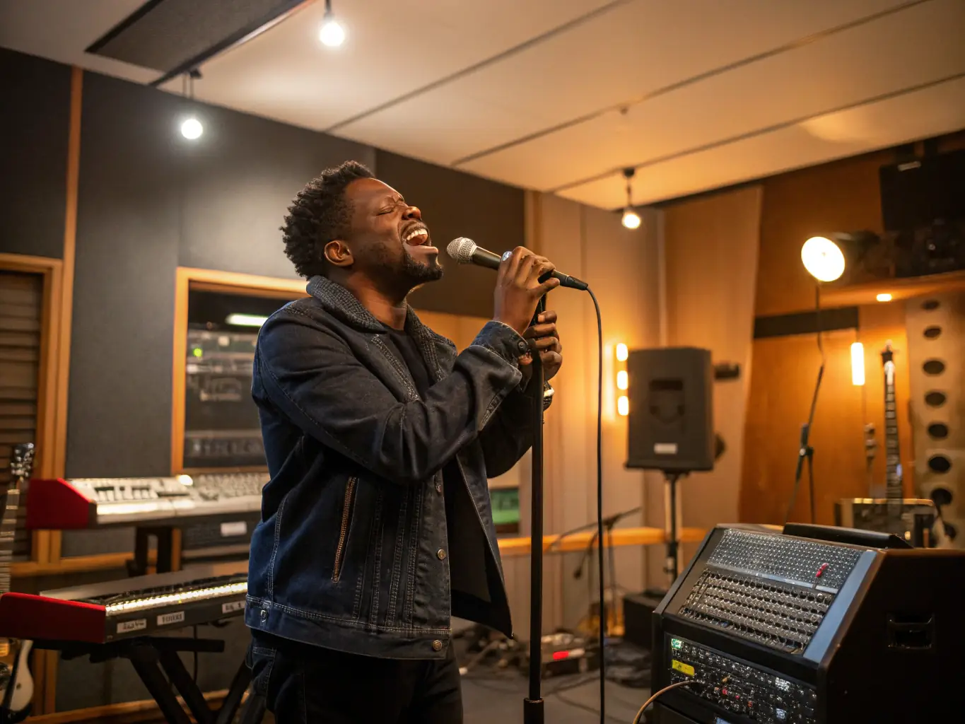 A recording studio environment with an artist laying down tracks, symbolizing ANGO REGGAE's support for music production and artistic creation.
