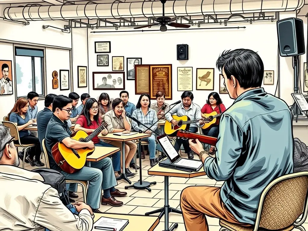 A photo of a workshop session where reggae artists are learning about music production and promotion.