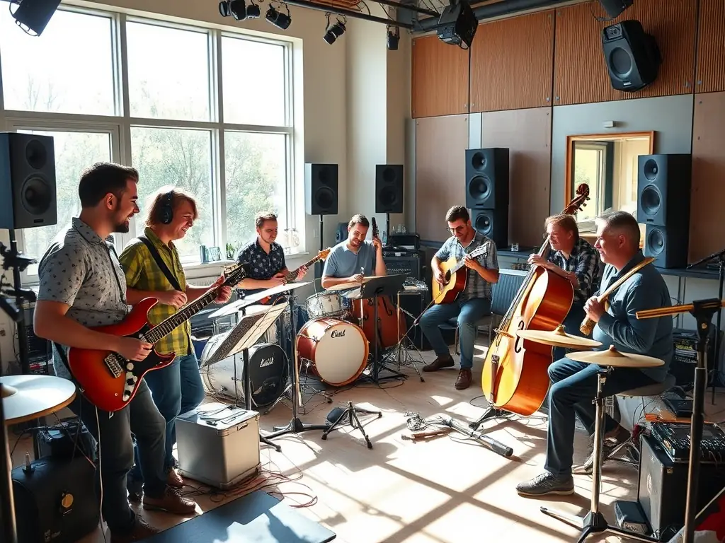 A workshop setting where musicians are collaborating and learning from each other, highlighting ANGO REGGAE's commitment to artist development.